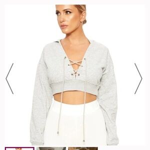 Naked wardrobe Gray Lace-Up Cropped Sweatshirt